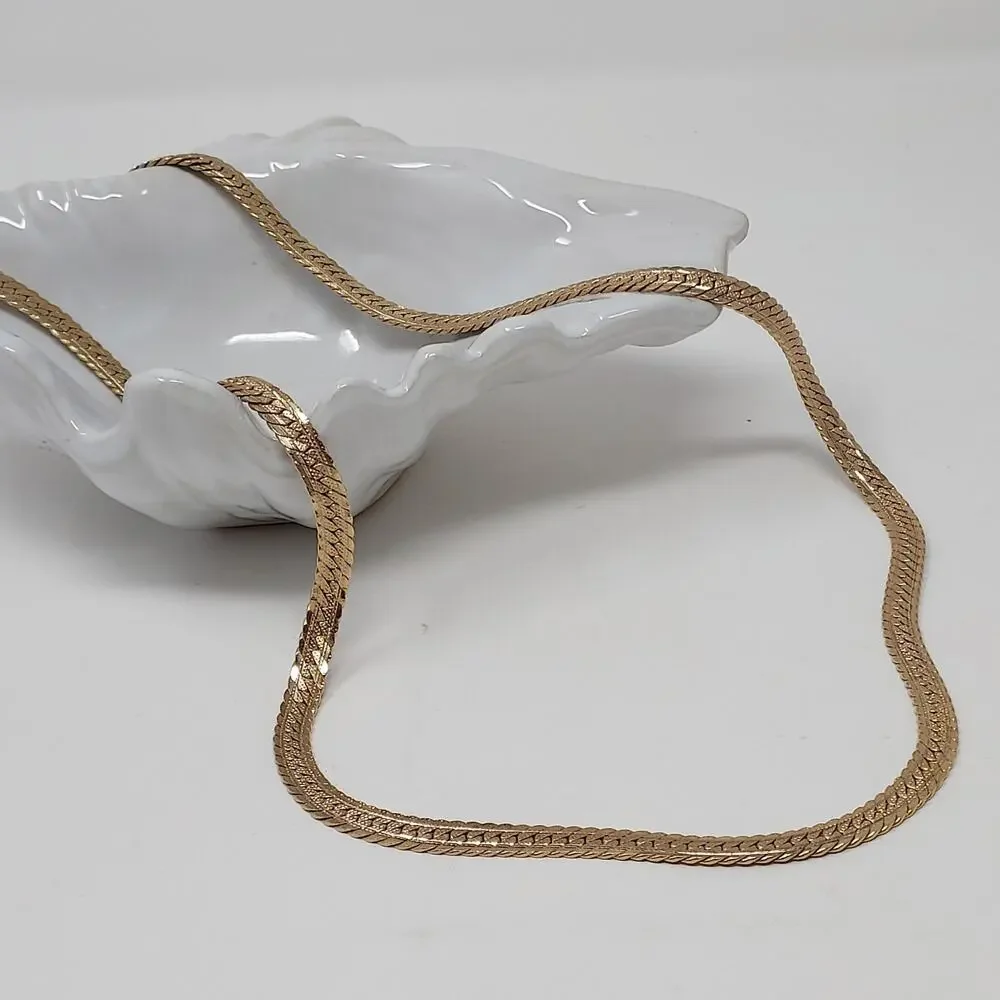 Unisex Bright Gold Tone Necklace Herringbone Flat Woven Chain .25